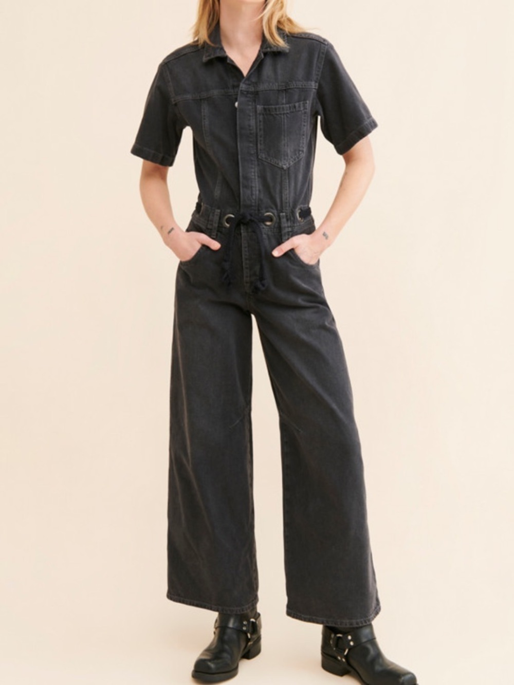 NWT Free People We The Free Edison Wide-Leg Black Denim Coverall Size XS - Picture 1 of 13